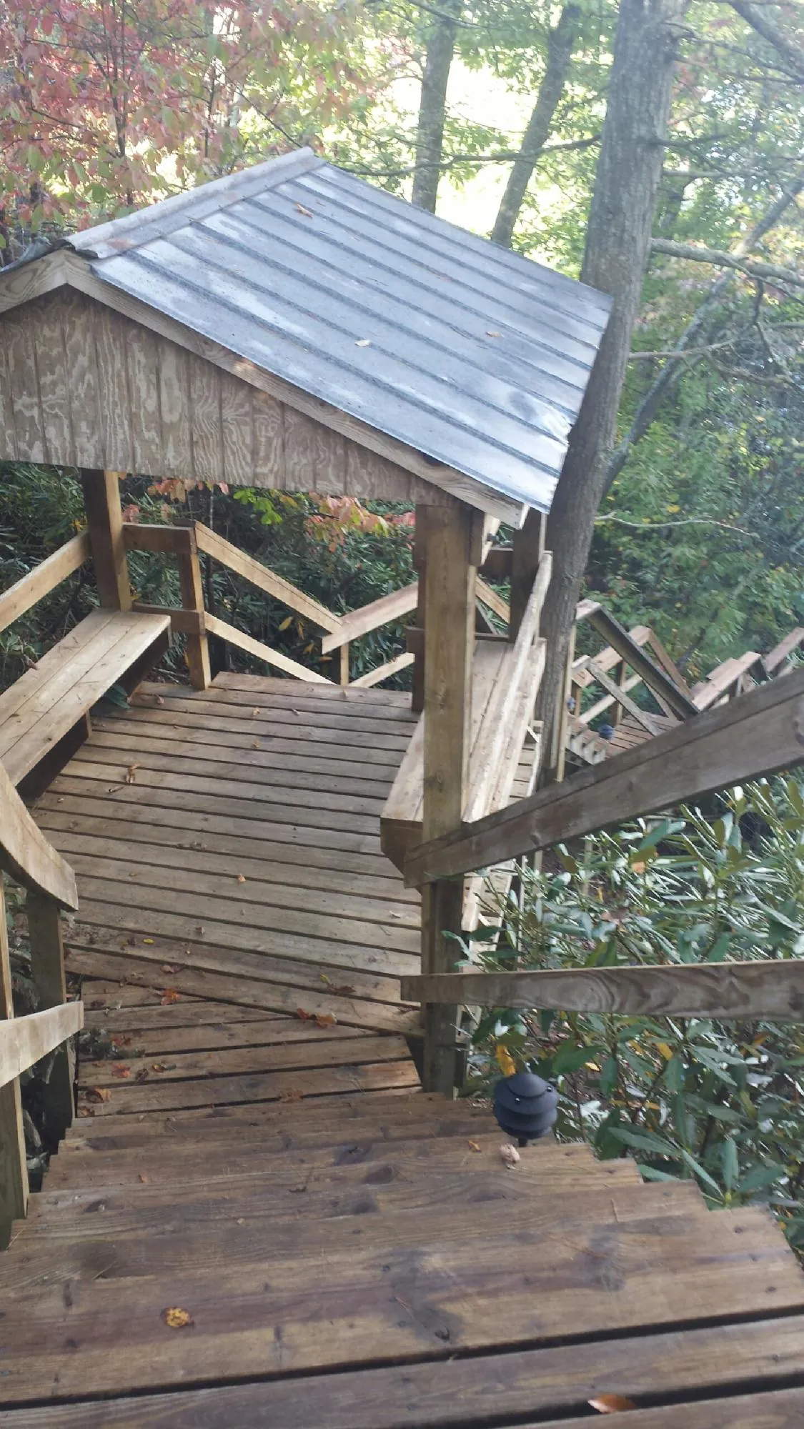 Metal roofed shelter over wooden steps on a wooded walkway — Skylight Repair & Installation work by our crew in Elmira